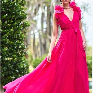 Badgley Mischka Pink Ruffle Halter Neck Floor Length Low Back Sz 4 Elegant Dress